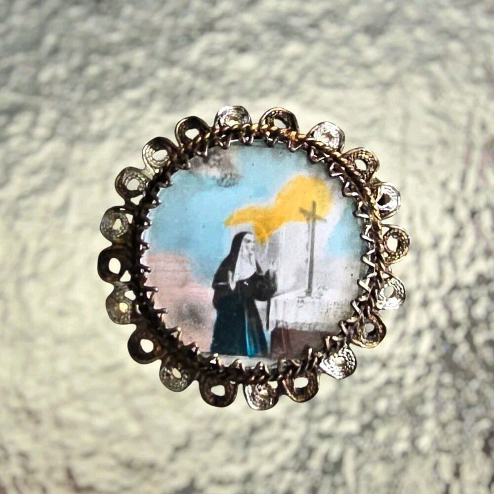 Vintage 20 GF/800 Silver Swirled Filigree Religious Brooch Pendant Worship Nun